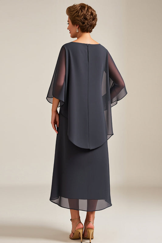Steel Grey Scoop A Line Long Chiffon Mother of the Bride Dress