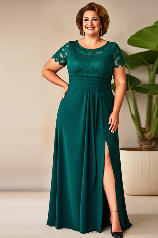 Pine Round Neck Plus Size Long Mother of the Bride Dress with Slit