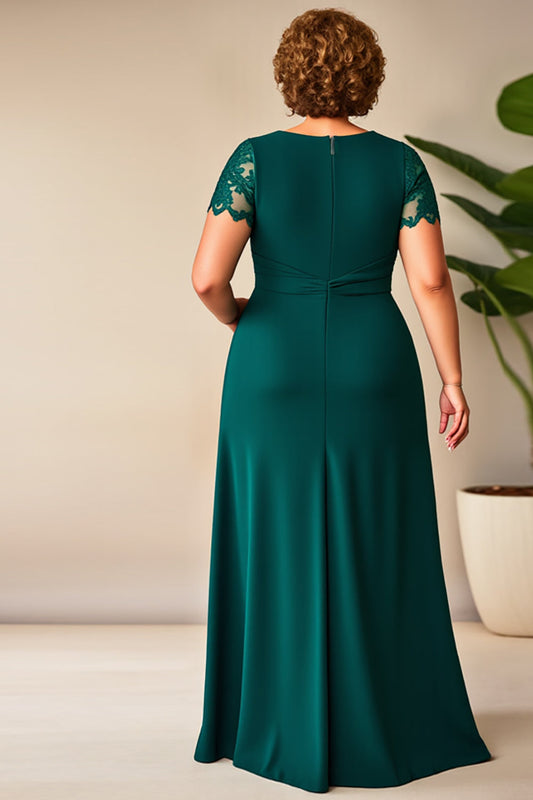Pine Round Neck Plus Size Long Mother of the Bride Dress with Slit