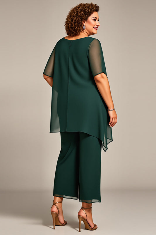 Pine Chiffon Round Neck Long Mother of the Bride Pantsuit with Sleeves