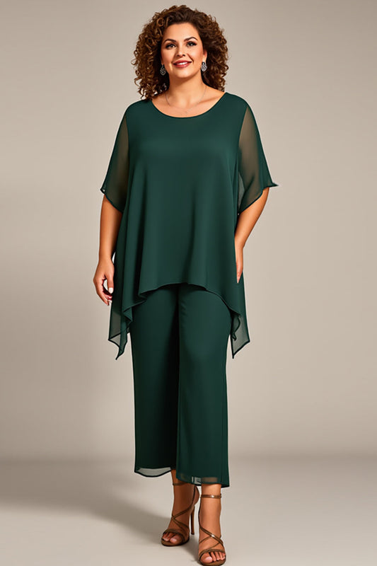 Pine Chiffon Round Neck Long Mother of the Bride Pantsuit with Sleeves