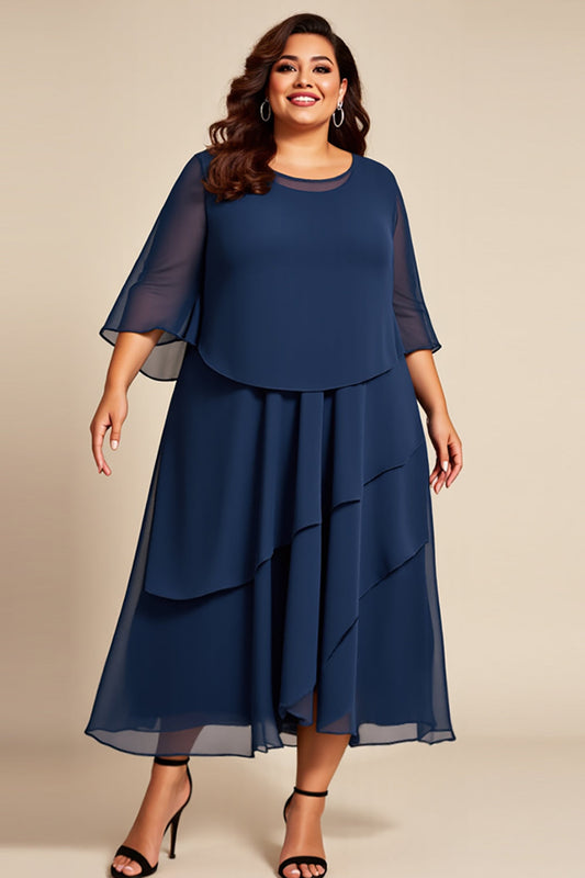 Navy Chiffon Scoop Neck Plus Size Long Mother of the Bride Dress