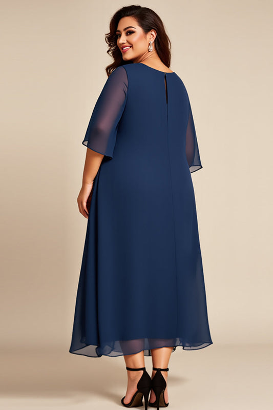 Navy Chiffon Scoop Neck Plus Size Long Mother of the Bride Dress