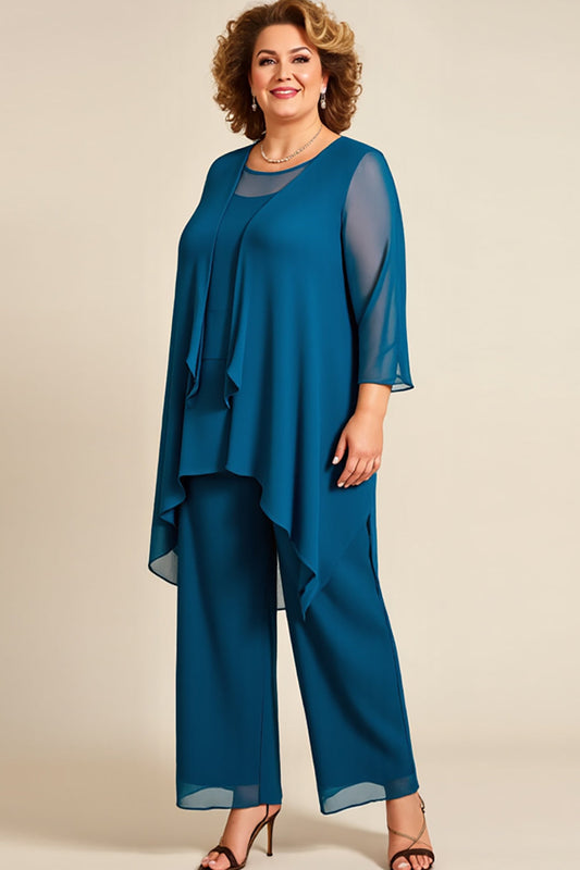 Ink Blue Chiffon Plus Size Long Mother of the Bride Pantsuit