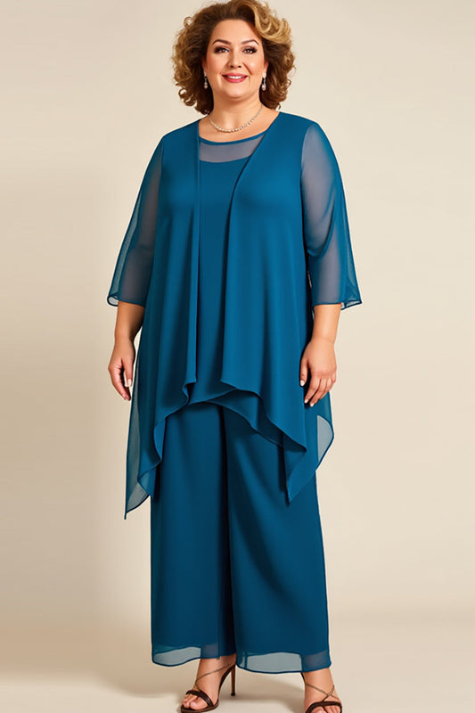 Ink Blue Chiffon Plus Size Long Mother of the Bride Pantsuit