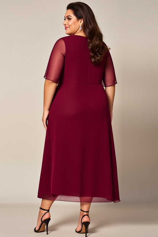 Burgundy Chiffon Boat Neck Plus Size Mother of the Bride Dress with Sleeves