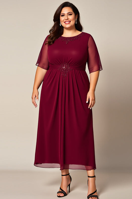 Burgundy Chiffon Boat Neck Plus Size Mother of the Bride Dress with Sleeves