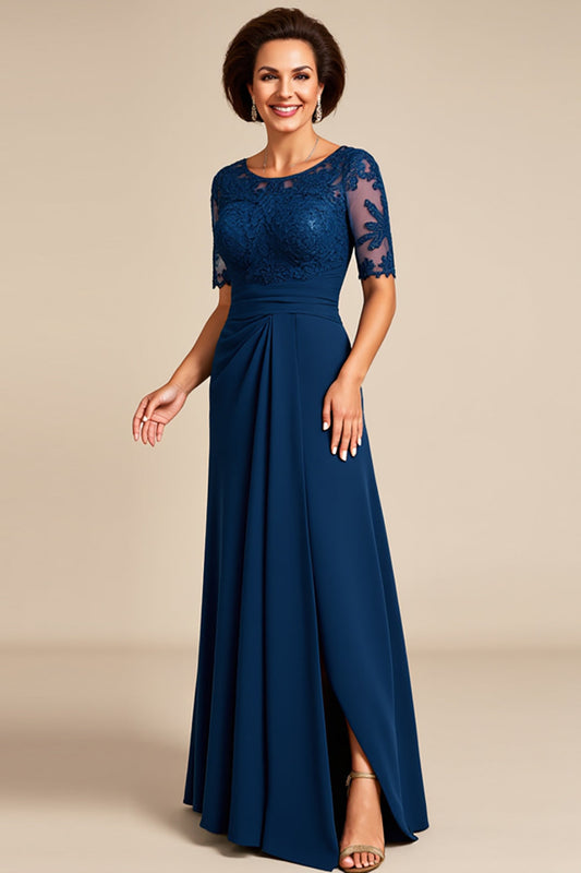 Navy Chiffon A Line Long Scoop Neck Mother of the Bride Dress