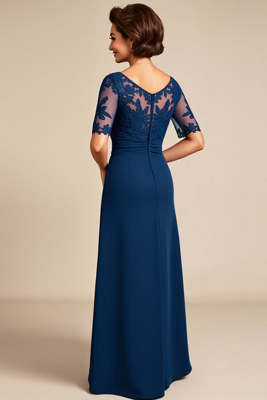 Navy Chiffon A Line Long Scoop Neck Mother of the Bride Dress