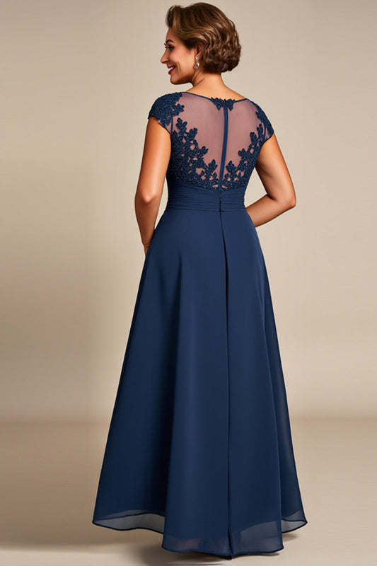 Navy Chiffon A Line Illusion Boat Neck Long Mother of the Bride Dress