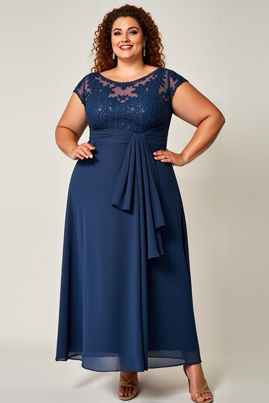 Navy Plus Size Chiffon Illusion Neck Long Mother of the Bride Dress