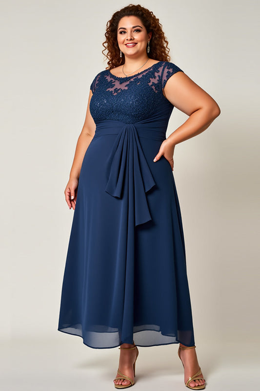 Navy Plus Size Chiffon Illusion Neck Long Mother of the Bride Dress