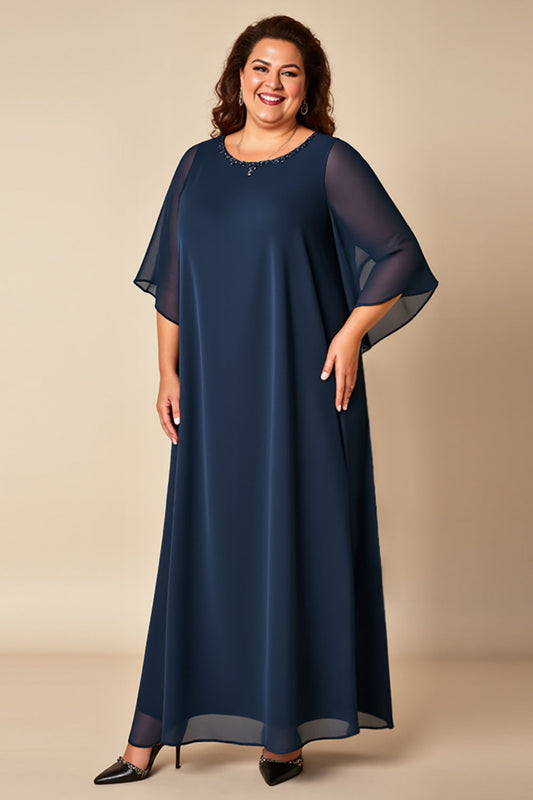 Navy Chiffon Plus Size Scoop Neck Loose Mother of the Bride Dress