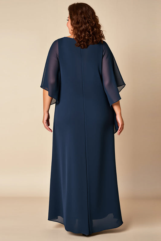 Navy Chiffon Plus Size Scoop Neck Loose Mother of the Bride Dress