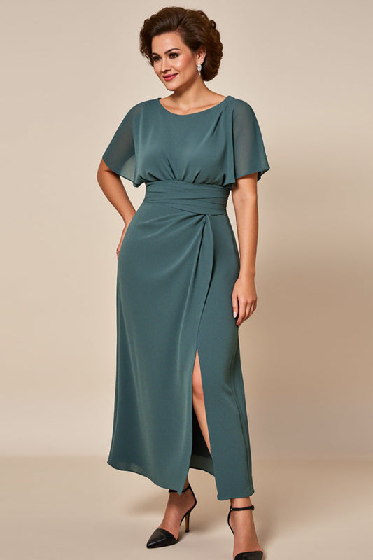 Grey Blue Chiffon Long Scoop Neck Mother of the Bride Dress with Slit