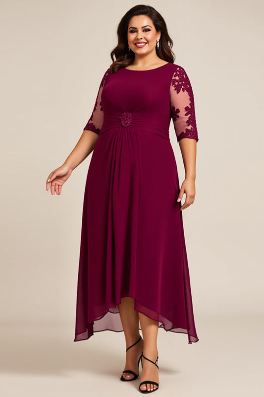 Burgundy Appliqued Chiffon Plus Size Mother of the Bride Dress with Sleeves