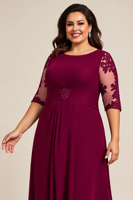 Burgundy Appliqued Chiffon Plus Size Mother of the Bride Dress with Sleeves