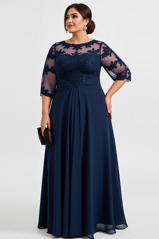 Navy Plus Size Chiffon Illusion Neck Long Mother of the Bride Dress