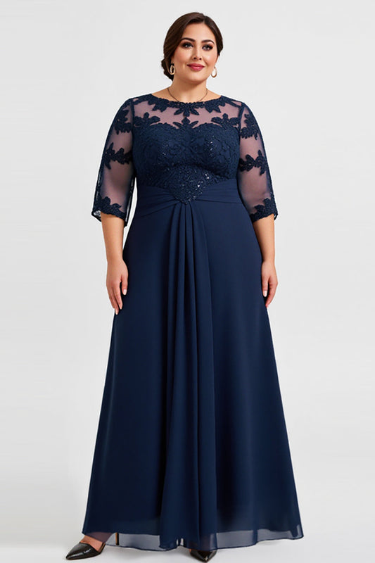 Navy Plus Size Chiffon Illusion Neck Long Mother of the Bride Dress
