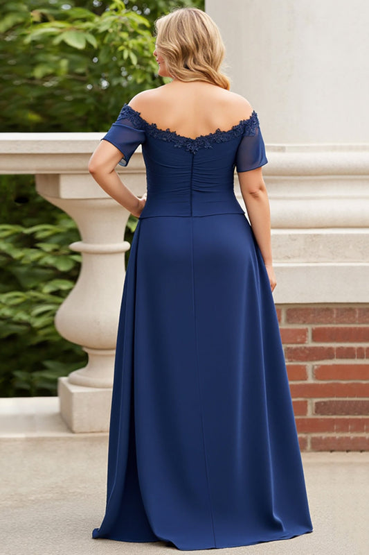 Navy Off the Shoulder Plus Size Long Chiffon Mother of the Bride Dress