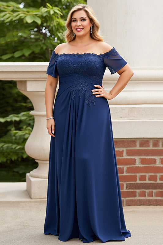 Navy Off the Shoulder Plus Size Long Chiffon Mother of the Bride Dress