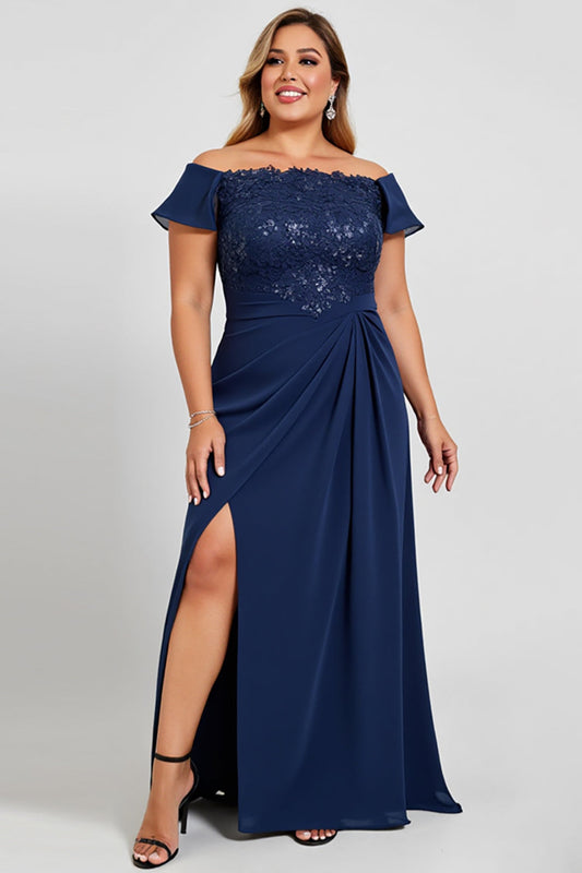 Navy Plus Size Off the Shoulder Long Mother of the Bride Dress with Slit