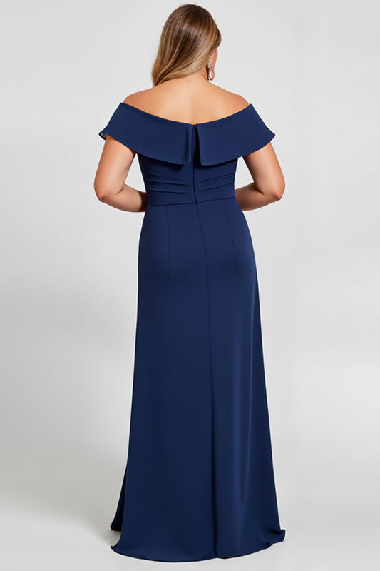 Navy Plus Size Off the Shoulder Long Mother of the Bride Dress with Slit