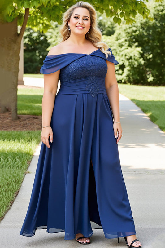 Navy Plus Size Off the Shoulder Long Chiffon Mother of the Bride Dress