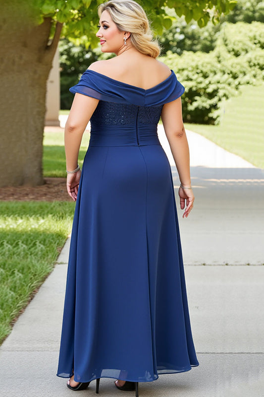Navy Plus Size Off the Shoulder Long Chiffon Mother of the Bride Dress