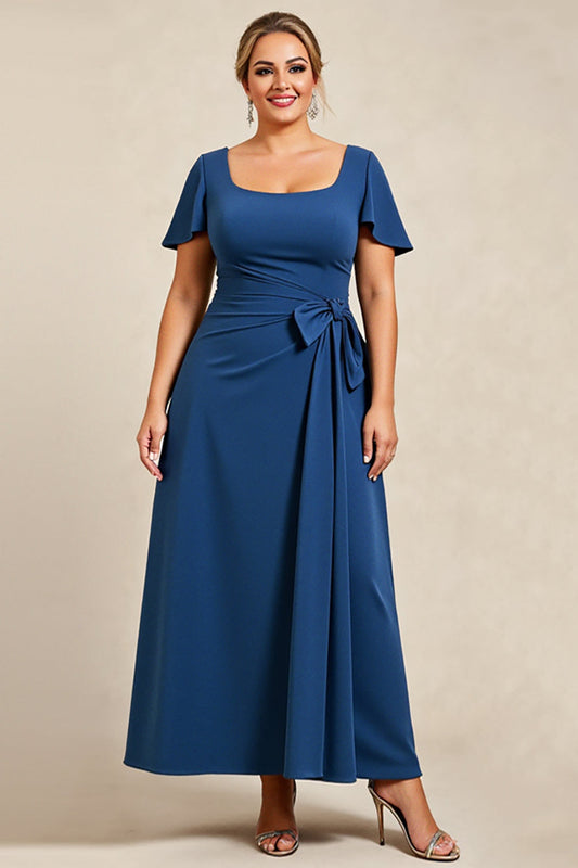 Ink Blue Square Neck Plus Size Long Mother of the Bride Dress with Sleeves