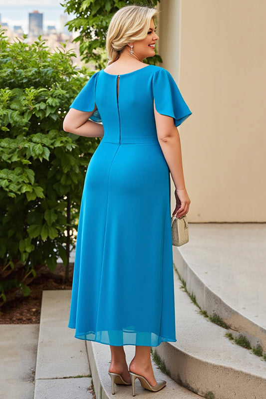 Blue Chiffon Sheath Plus Size Tea-Length Mother of the Bride Dress with Ruffles