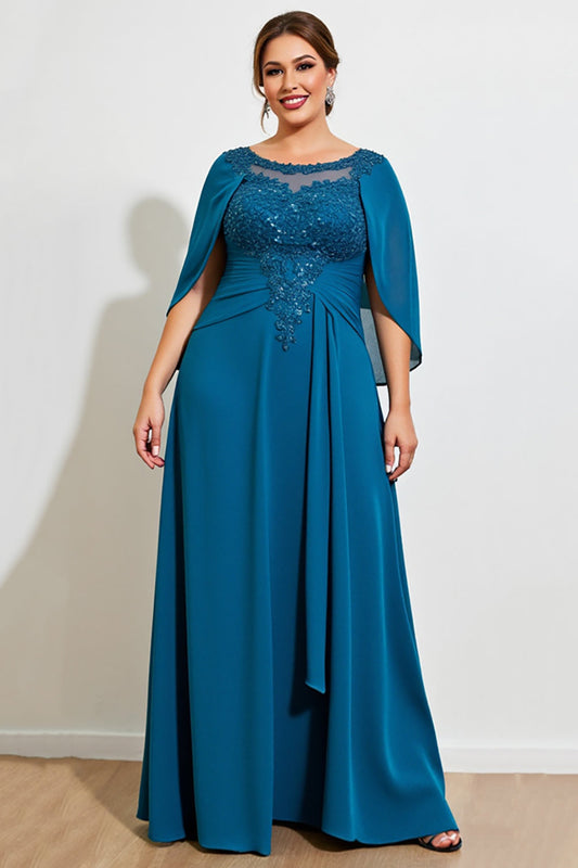 Peacock Chiffon Long Plus Size Mother of the Bride Dress with Cape