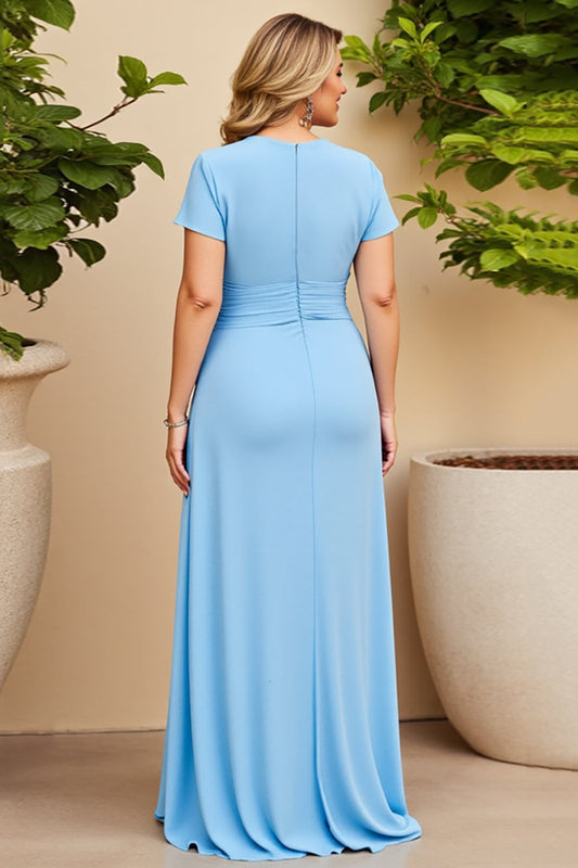 Sky Blue V Neck Plus Size Ruched Mother of the Bride Dress with Sleeves