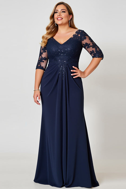 Navy Plus Size V Neck Chiffon Long Mother of the Bride Dress with Sleeves