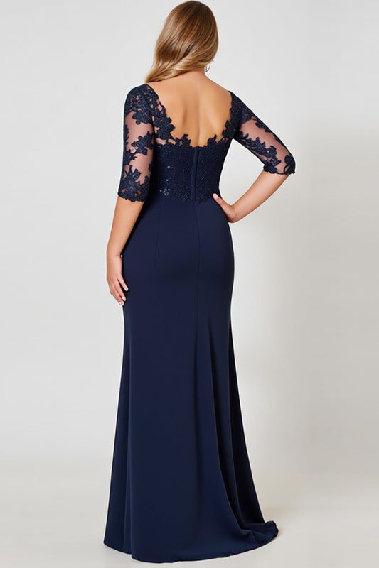 Navy Plus Size V Neck Chiffon Long Mother of the Bride Dress with Sleeves