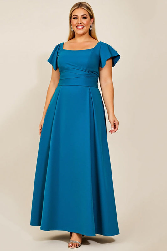 Peacock Satin Plus Size Long Mother of the Bride Dress with Sleeves