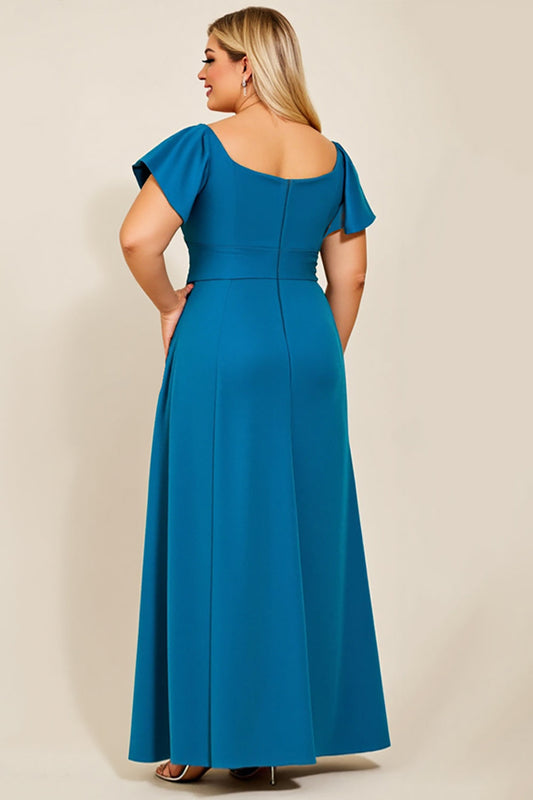 Peacock Satin Plus Size Long Mother of the Bride Dress with Sleeves