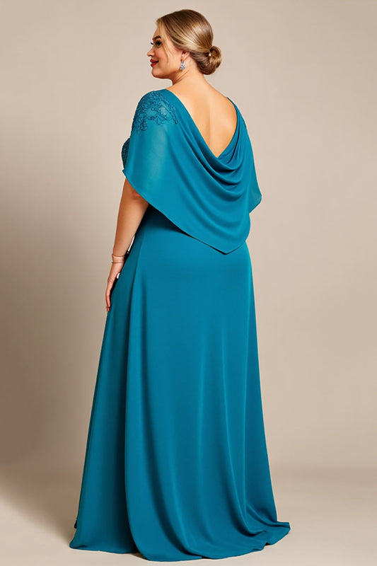 Peacock Chiffon Plus Size Long Mother of the Bride Dress with Appliques
