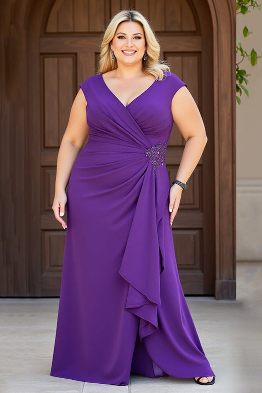 Purple V Neck Plus Size Ruched Long Mother of the Bride Dress