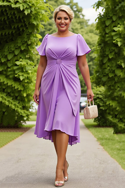 Lilac Plus Size A Line Midi Mother of the Bride Dress with Short Sleeves