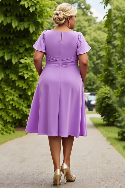 Lilac Plus Size A Line Midi Mother of the Bride Dress with Short Sleeves