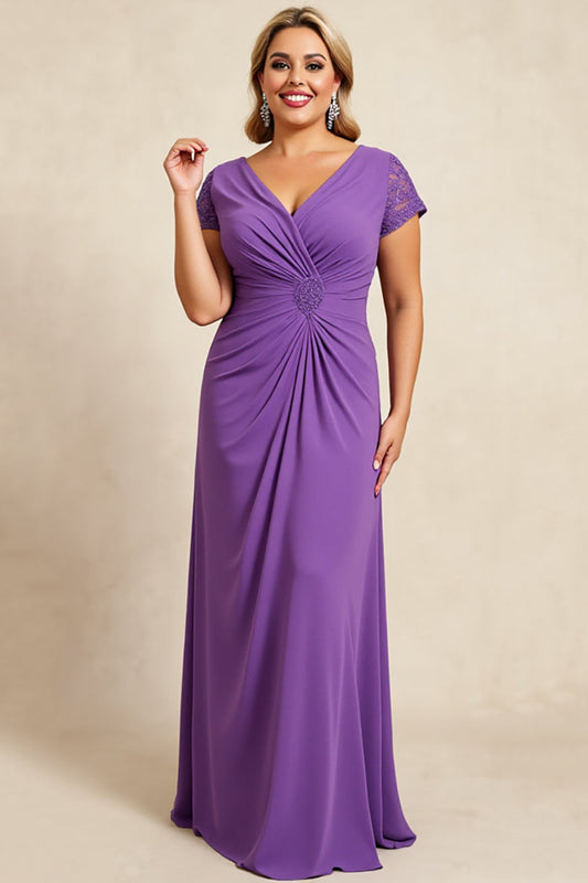 Purple V Neck Long Mother of the Bride Dress with Cap Sleeves