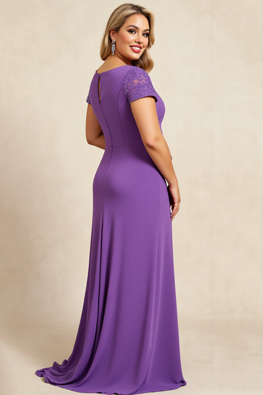 Purple V Neck Long Mother of the Bride Dress with Cap Sleeves
