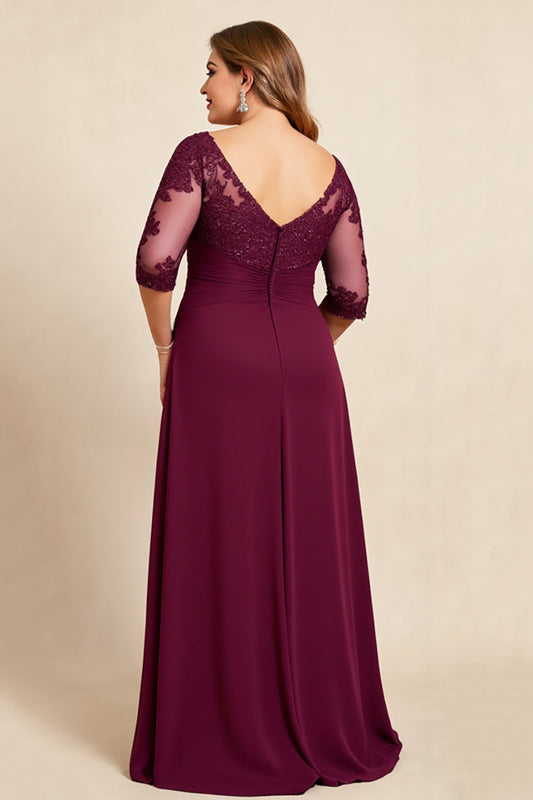 Burgundy Plus Size Appliqued Long Chiffon Mother of the Bride Dress