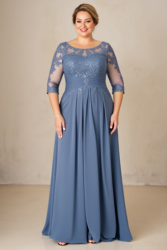 Dusty Blue Plus Size Illusion Neck Long Mother of the Bride Dress