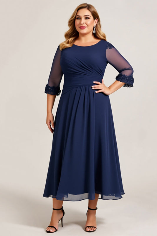 Navy Plus Size A Line Long Chiffon Mother of the Bride Dress with Sleeves
