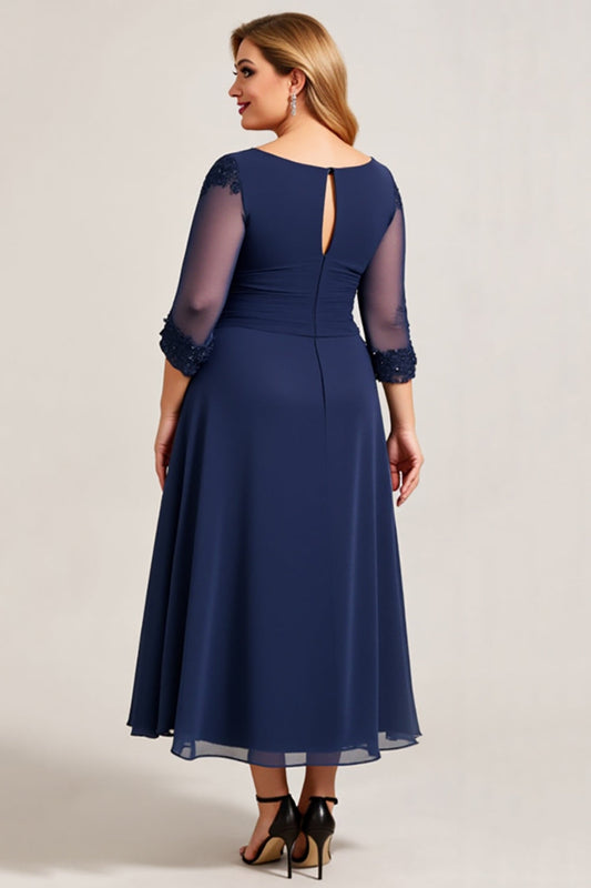 Navy Plus Size A Line Long Chiffon Mother of the Bride Dress with Sleeves