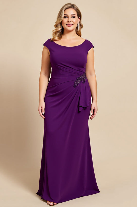 Purple Ruched Scoop Neck Long Mother of the Bride Dress