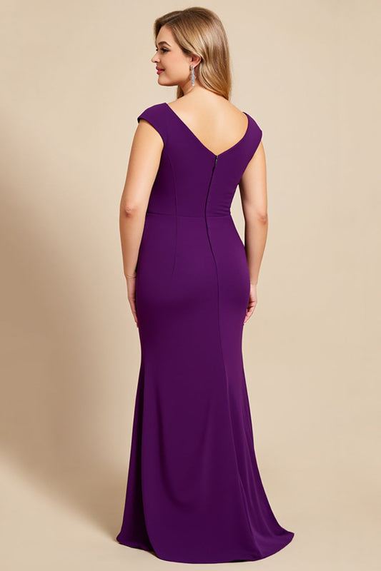 Purple Ruched Scoop Neck Long Mother of the Bride Dress