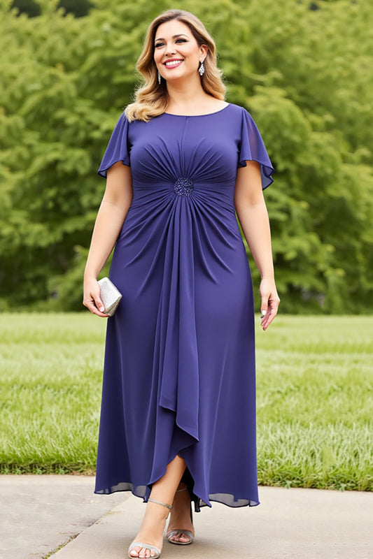 Navy Ruched Chiffon Long Plus Size Mother of the Bride Dress